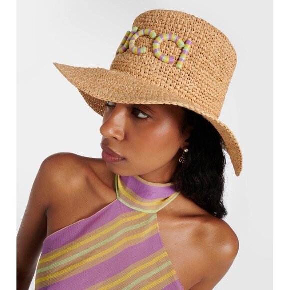 NWT GUCCI Monogram Embellished Raffia Hat Sz S - Picture 2 of 10
